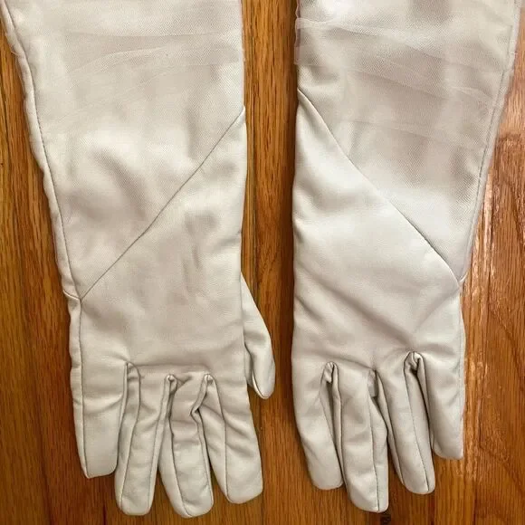 LaMarque Marilyn faux leather tulle gloves bone cream elbow length Revolve